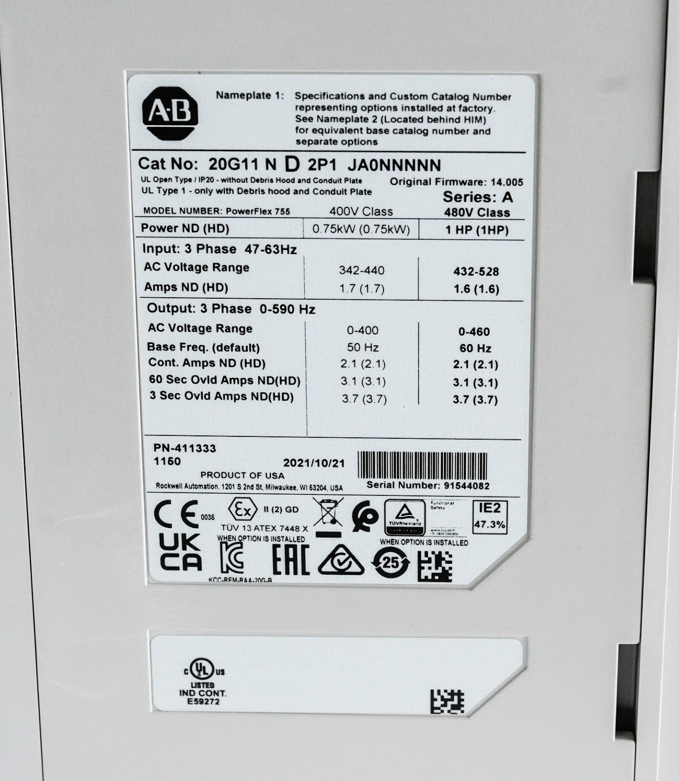 Allen Bradley 20G11ND2P1JA0NNNNN /A PowerFlex 755 480VAC 2.1A Drive - Open Box
