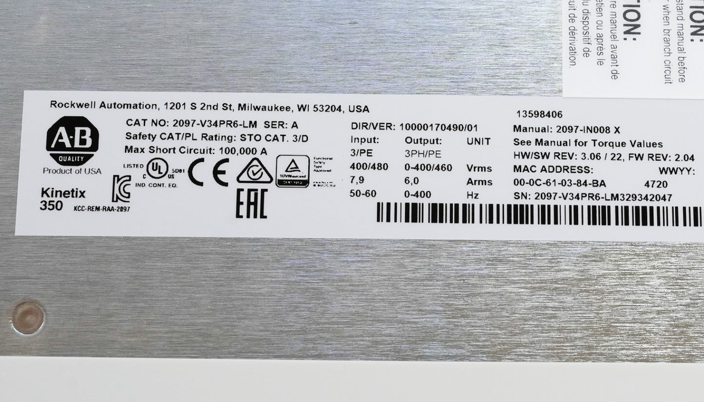 Allen Bradley 2097-V34PR6-LM /A Kinetix 350 Servo Drive 2097V34PR6LM - Open Box