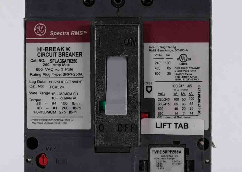 GE SFLA36AT0250 Spectra RMS Circuit Breaker 3 Pole 250 Amp Max 600 VAC