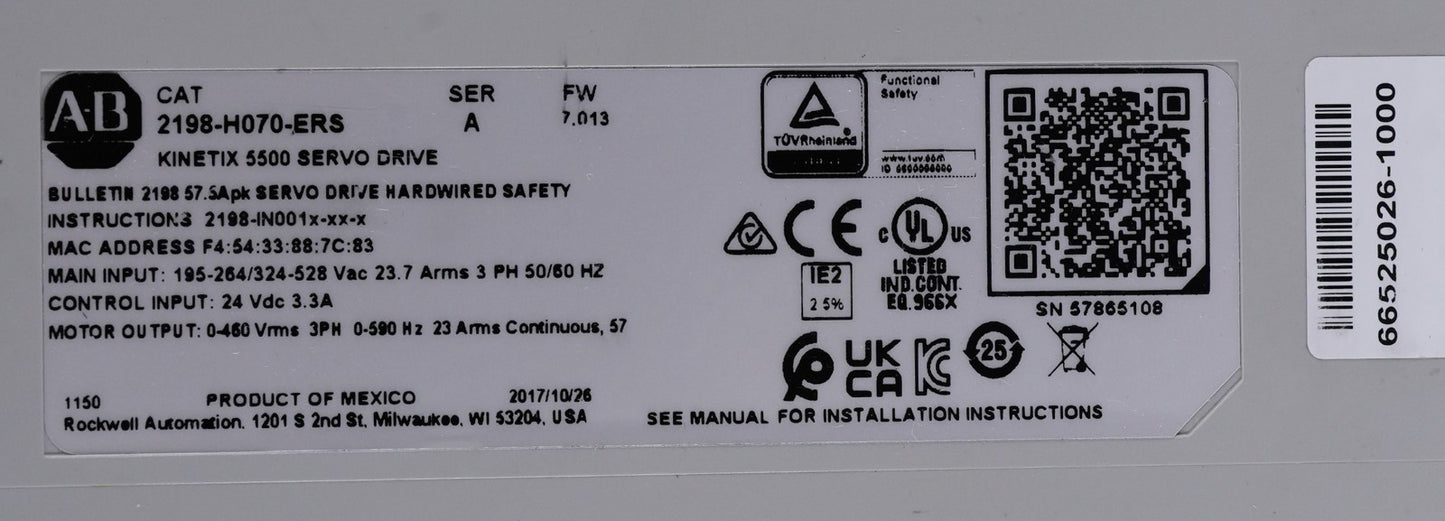 Allen Bradley 2198-H070-ERS /A Kinetix 5500 Servo Drive 2198H070ERS