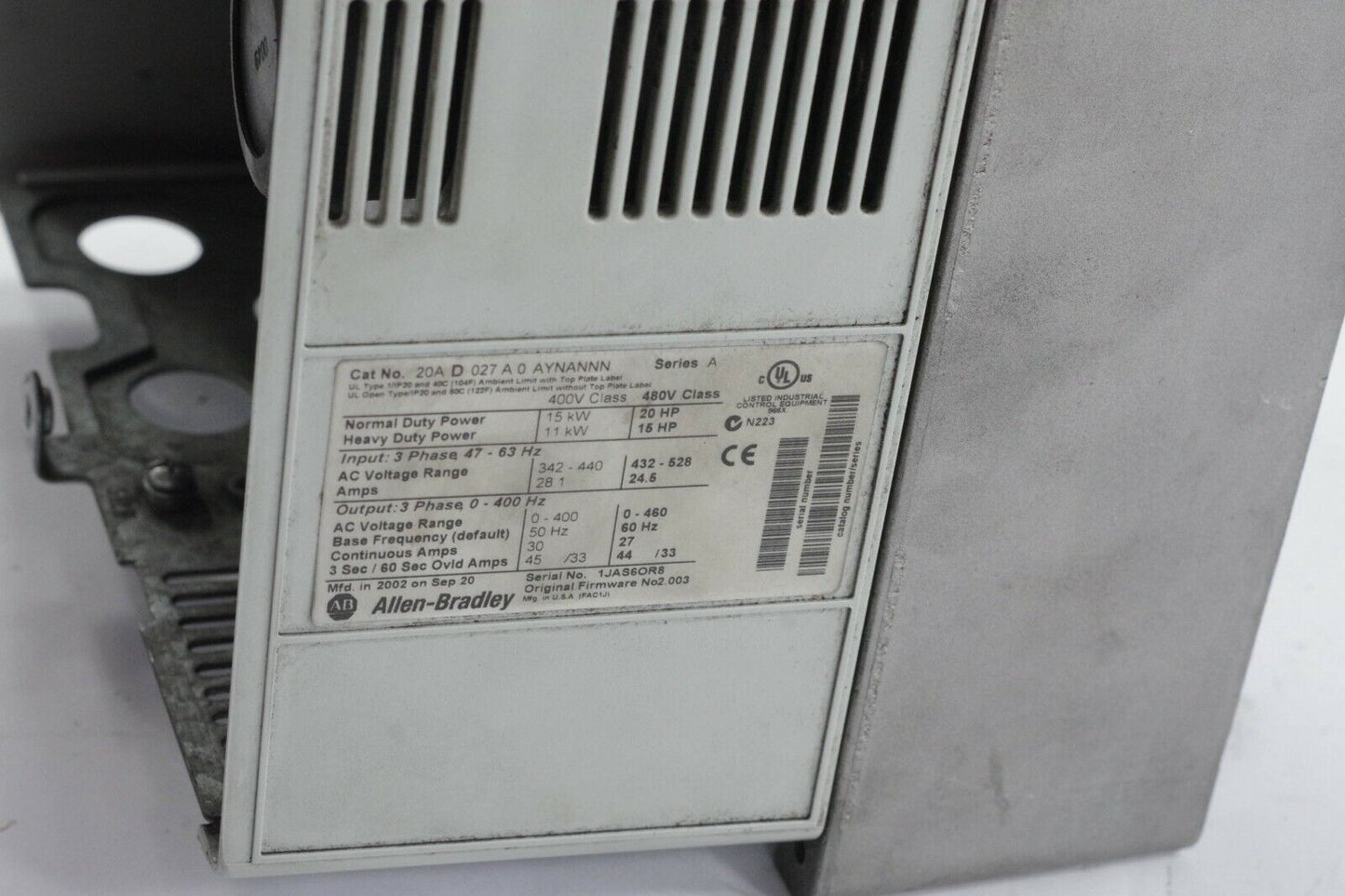 Allen Bradley PowerFlex 70 VFD 20AD027A0AYNANN 20A-D-027-A-0-AYNANN0 20 HP 480V