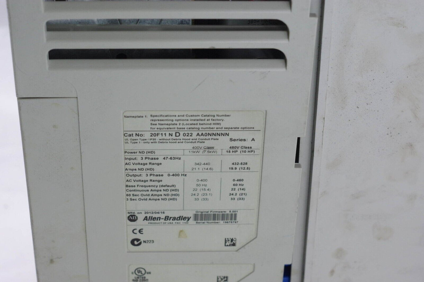 ALLEN BRADLEY POWERFLEX 753 AC DRIVE 20F11ND022AA0NNNNN 15HP - For Parts/Repair