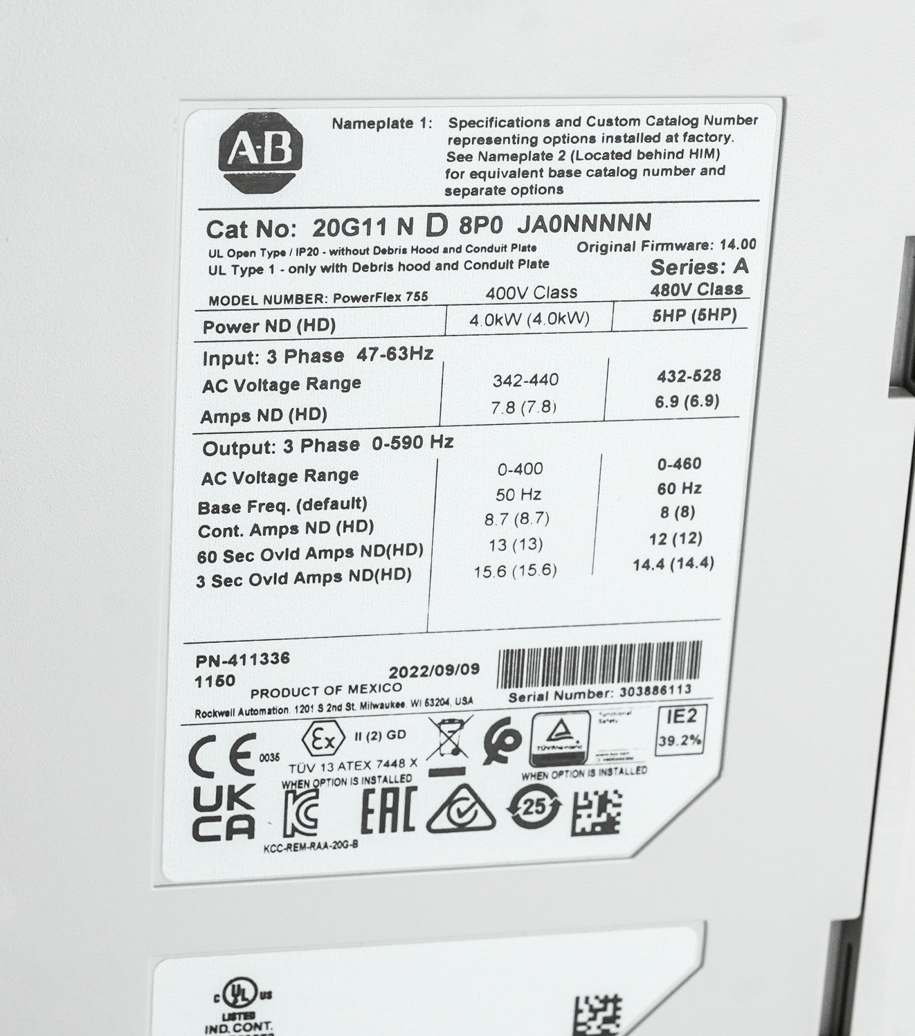Allen Bradley 20G11ND8P0JA0NNNNN /A PowerFlex755 Air Cooled Drive 5HP - Open Box