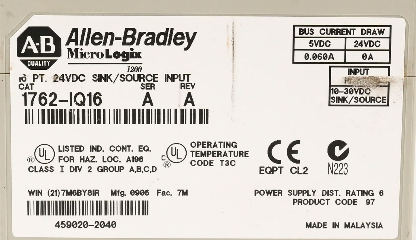 Allen Bradley 1762-IQ16 /A MicroLogix 16-Point 24VDC Sink Source Input 1762IQ16