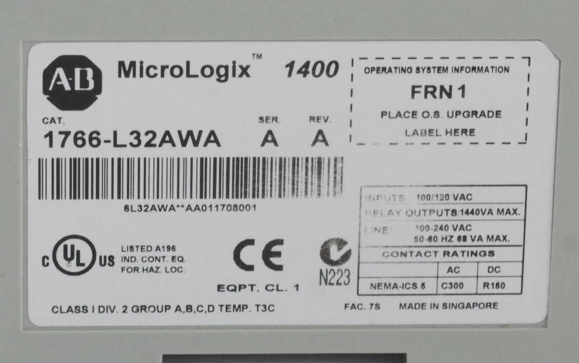 Allen Bradley 1766-L32BXB Ser A Rev A FRN 1 MicroLogix 1400 Controller