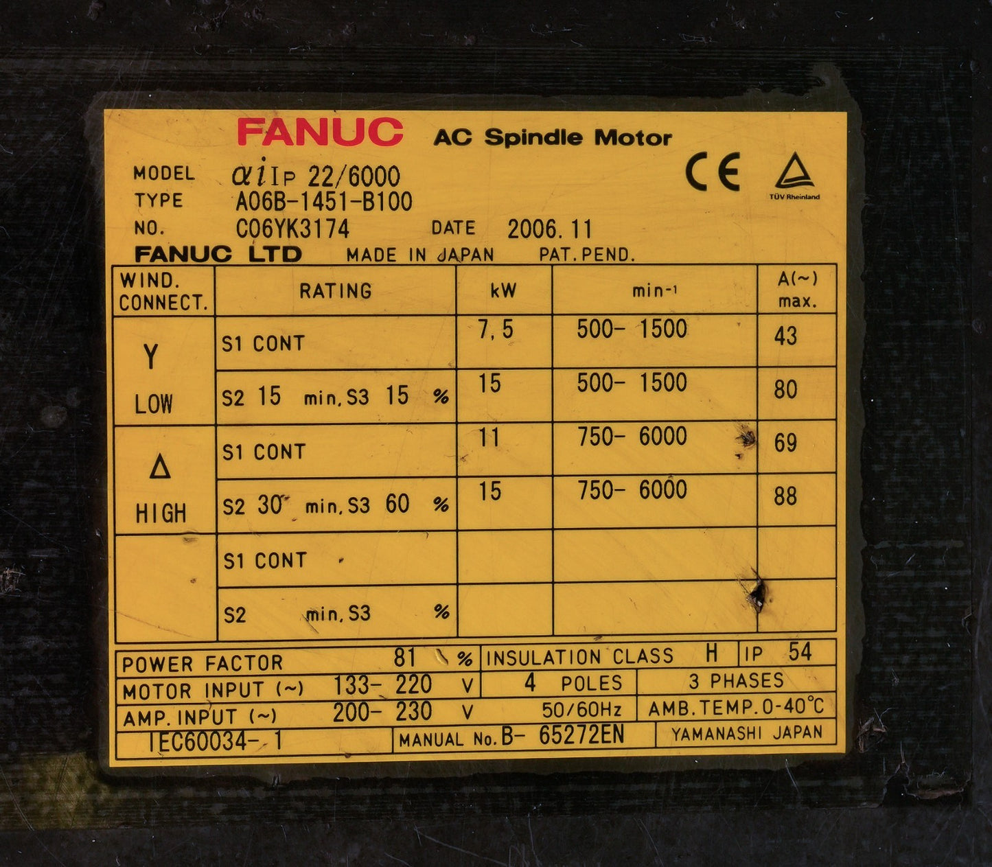 FANUC A06B-1451-B100 Alpha iIP 22/6000 AC Spindle Motor 230V 15kW A06B1451B100