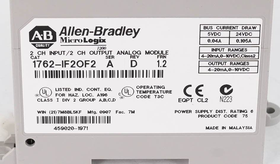 Allen Bradley 1762-IF2OF2 Ser A MicroLogix 2 Channel Analog Input 2 Output