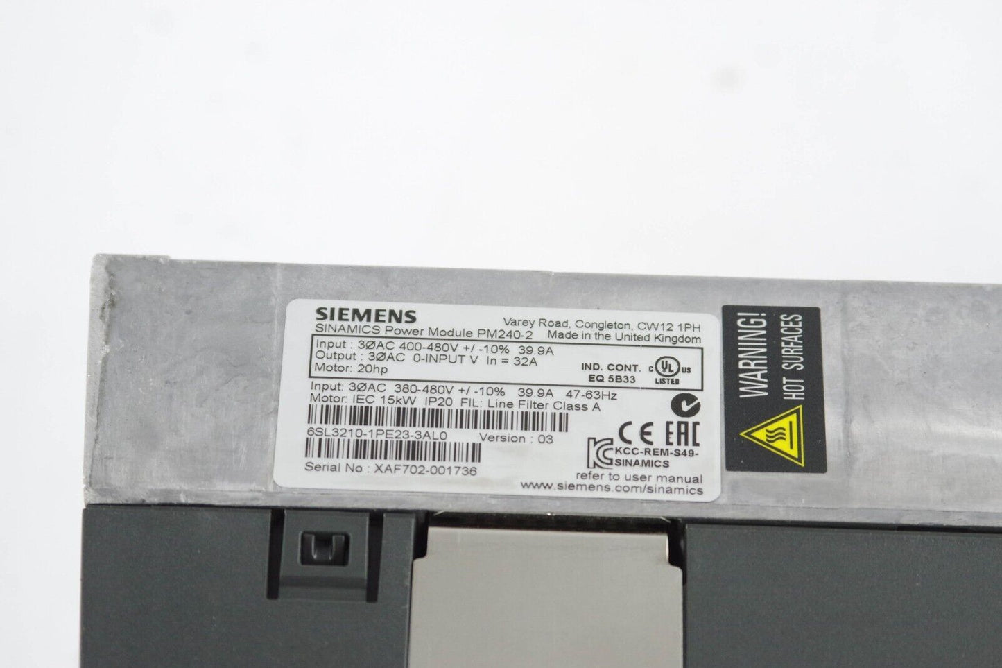 Siemens 6SL3210-1PE23-3AL0 / 6SL32101PE233AL0 Sinamics Power Module PM240-2