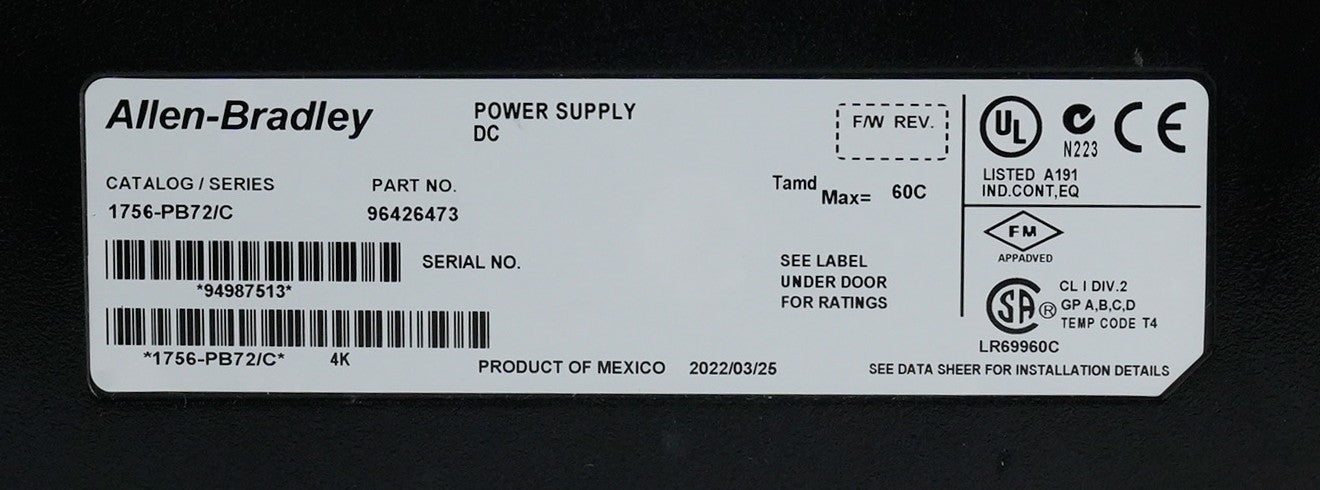 Allen Bradley 1756-PB72/C ControlLogix 24V DC Power Supply 1756PB72/C