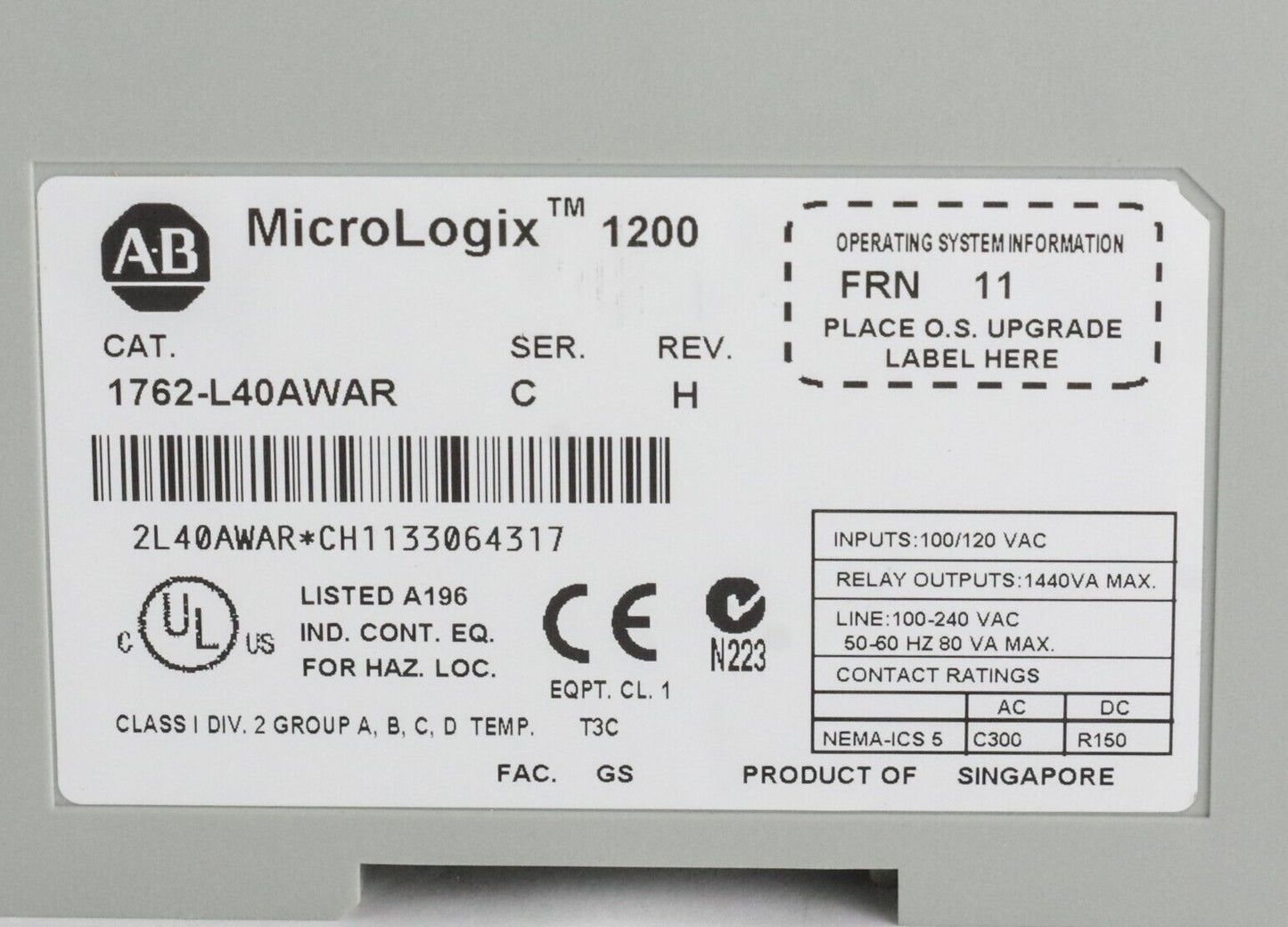Allen Bradley MicroLogix 1200 1762-L40AWAR Ser C 40 Point Controller + MM1RTC/A