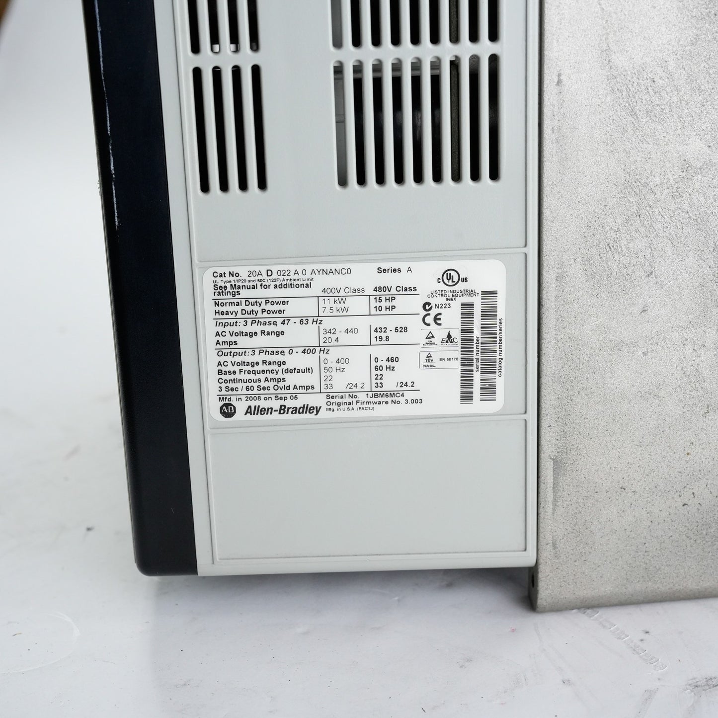 Allen Bradley 20AD022A0AYNANC0 Ser A Powerflex 70 Drive - Refurbished + 1 Yr WTY