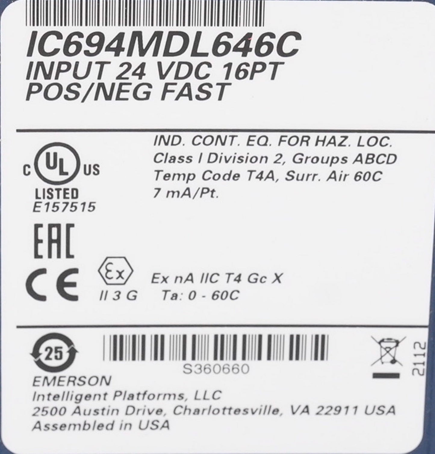 GE FANUC IC694MDL646C Input 24VDC 16-Point POS/NEG Fast Power Module