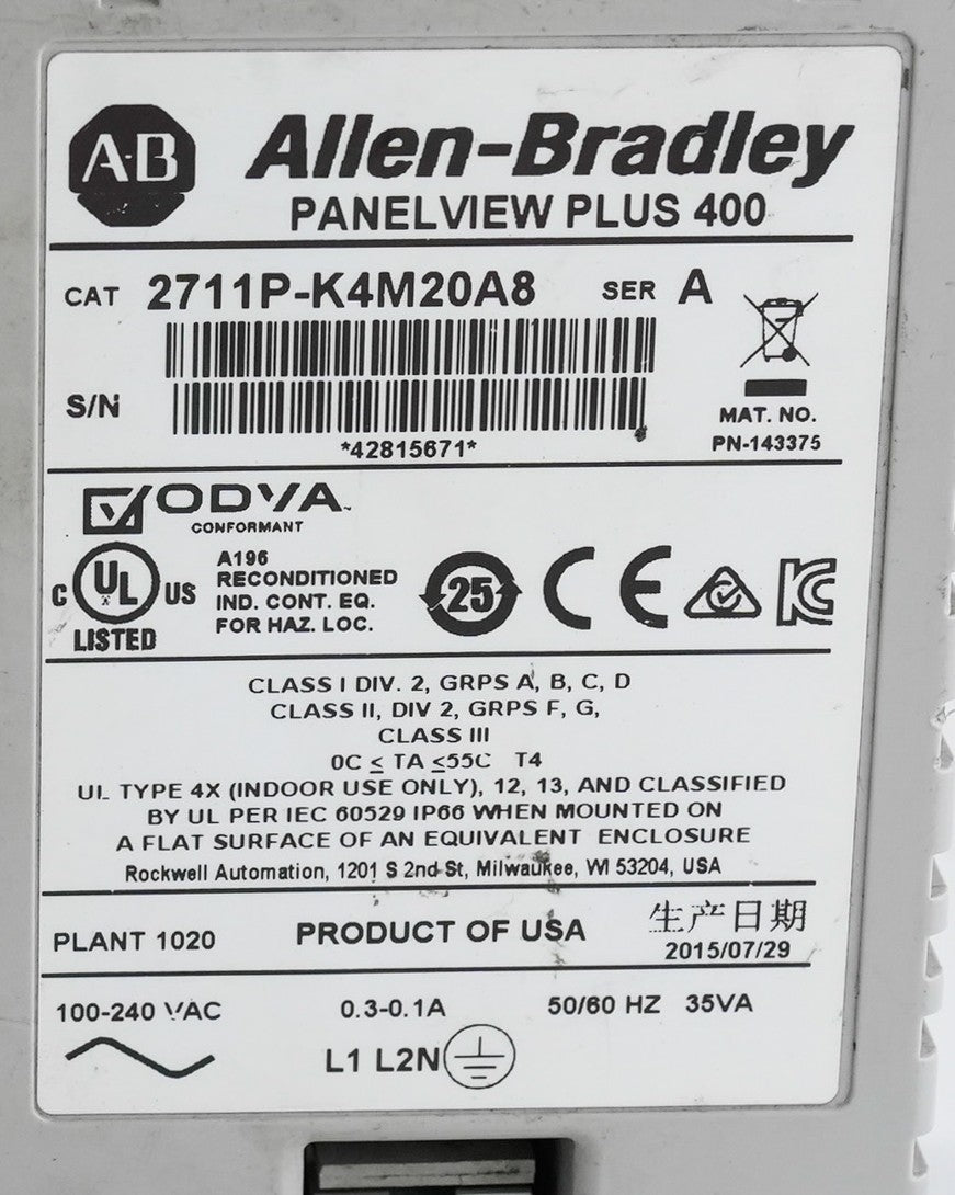 Allen Bradley 2711P-K4M20A8 /A PanelView Plus 400 Operator Interface Panel