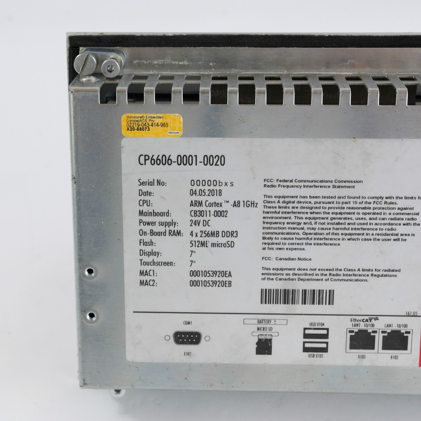 Beckhoff CP6606-0001-0020 HMI Built-In Panel PC Touch Screen 7" 2018 24VDC