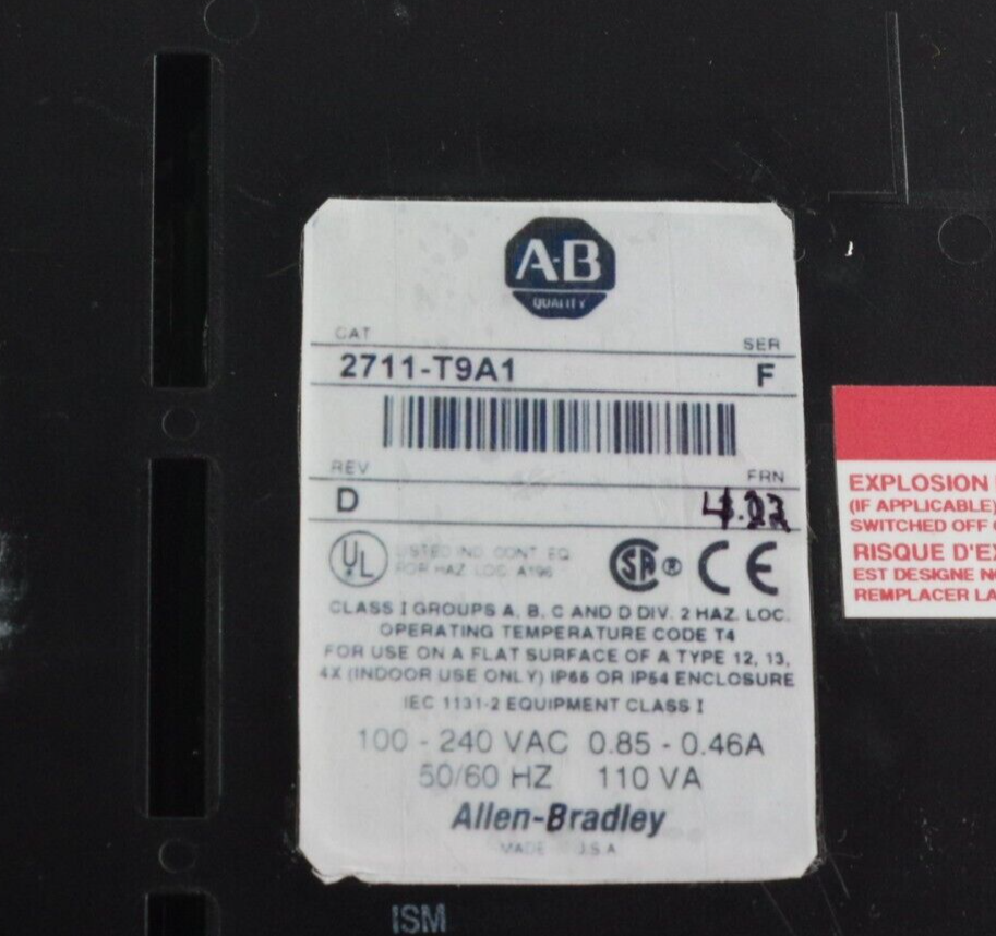 Allen Bradley 2711-T9A1 Ser F Rev D FRN 4.22 PanelView 900 Terminal