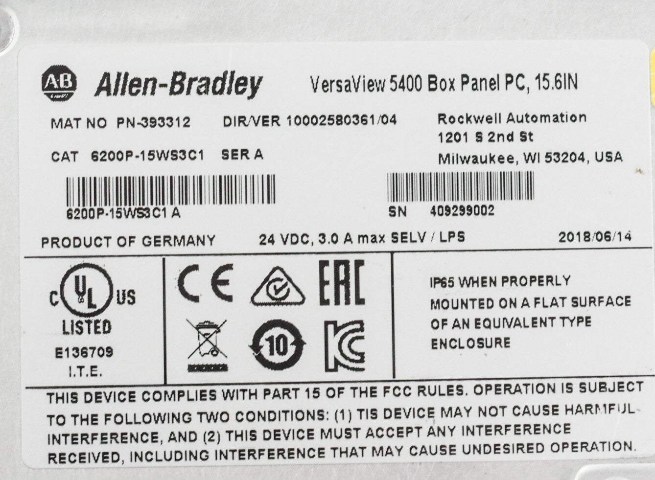 Allen Bradley 6200P-15WS3C1 /A VersaView 5400 PC Windows 10 - 15WS3B1 / 15WS3A1