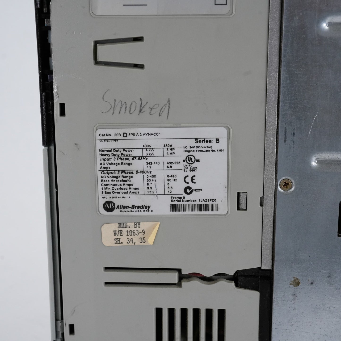 Allen Bradley 20BD8P0A3AYNACC1 /B Powerflex 700 3-Phase AC Drive - For Parts