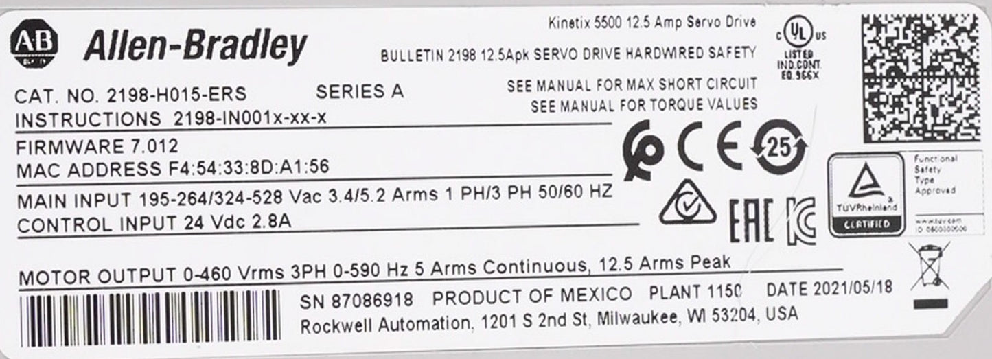 Allen Bradley 2198-H015-ERS /A Kinetix 5500 Servo Drive 12.5A 2198H015ERS