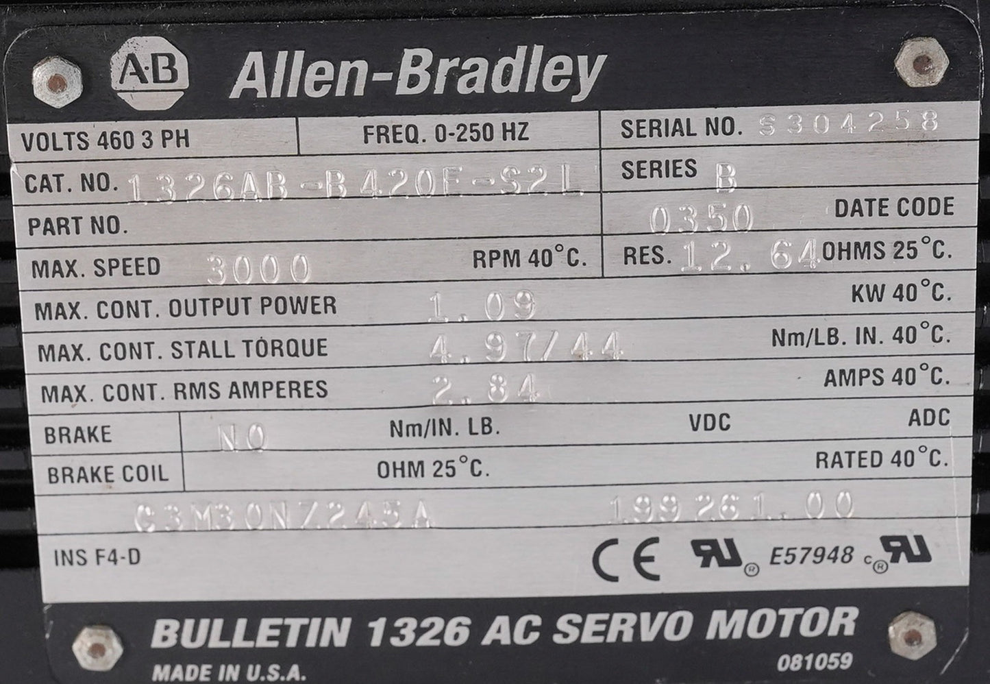 Allen Bradley 1326AB-B420E-S2L /B AC Servo Motor 3000RPM 1326ABB420ES2L