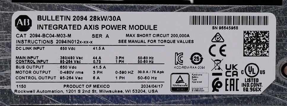 Allen Bradley 2094-BC04-M03-M /A Kinetix 6200/6500 Axis Module + 1yr Warranty