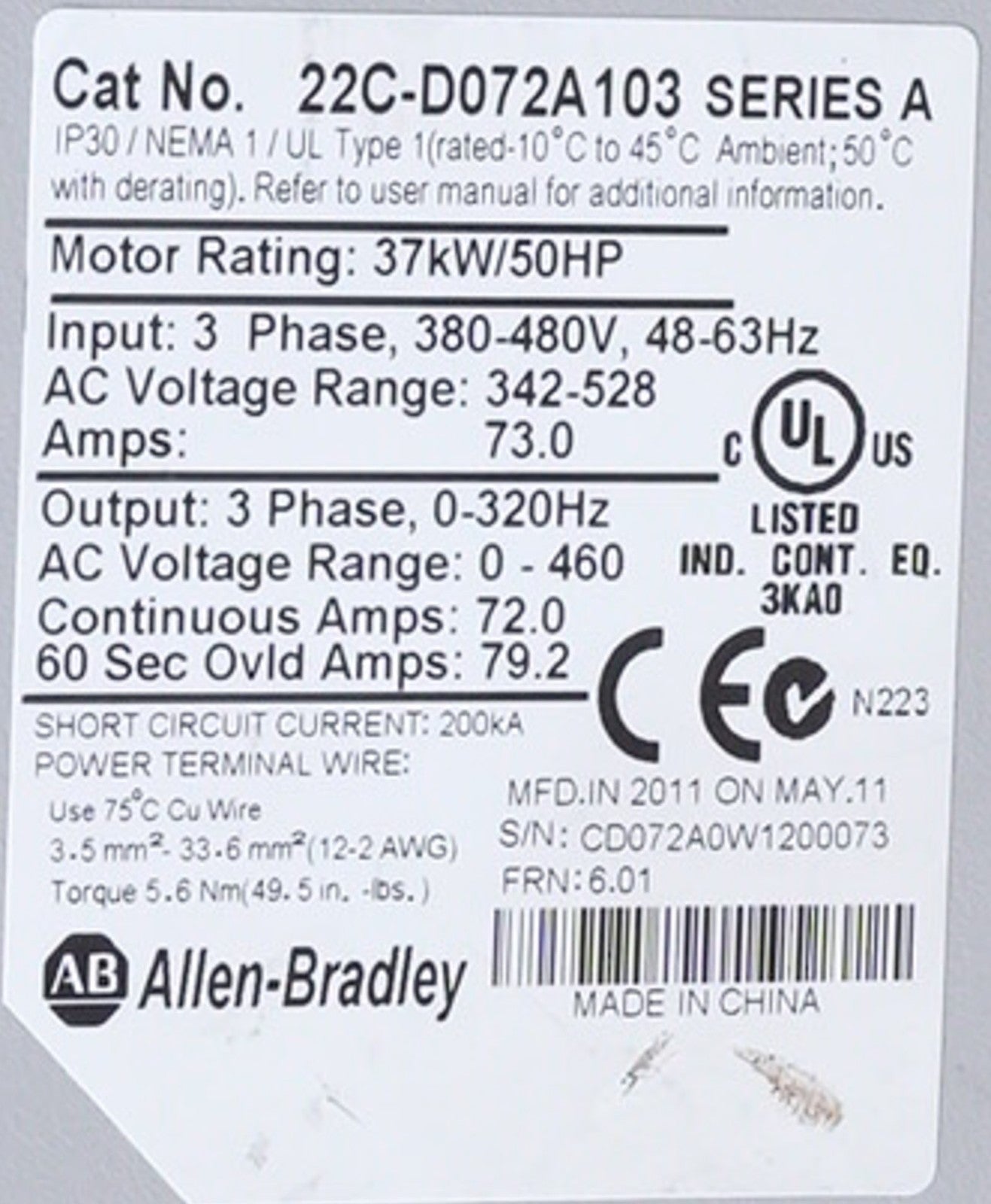 Allen Bradley 22C-D072A103 /A PowerFlex 400 AC Drive 480V 3PH 50HP 37kW