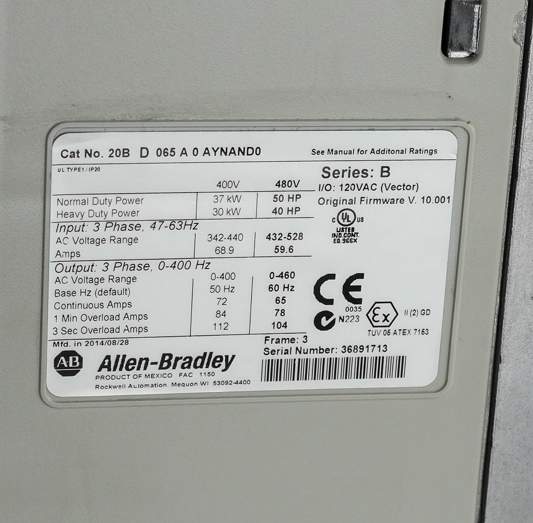 Allen Bradley 20BD065A0AYNAND0 /B PowerFlex 700 480V 3-Phase 50HP AC Drive + HMI