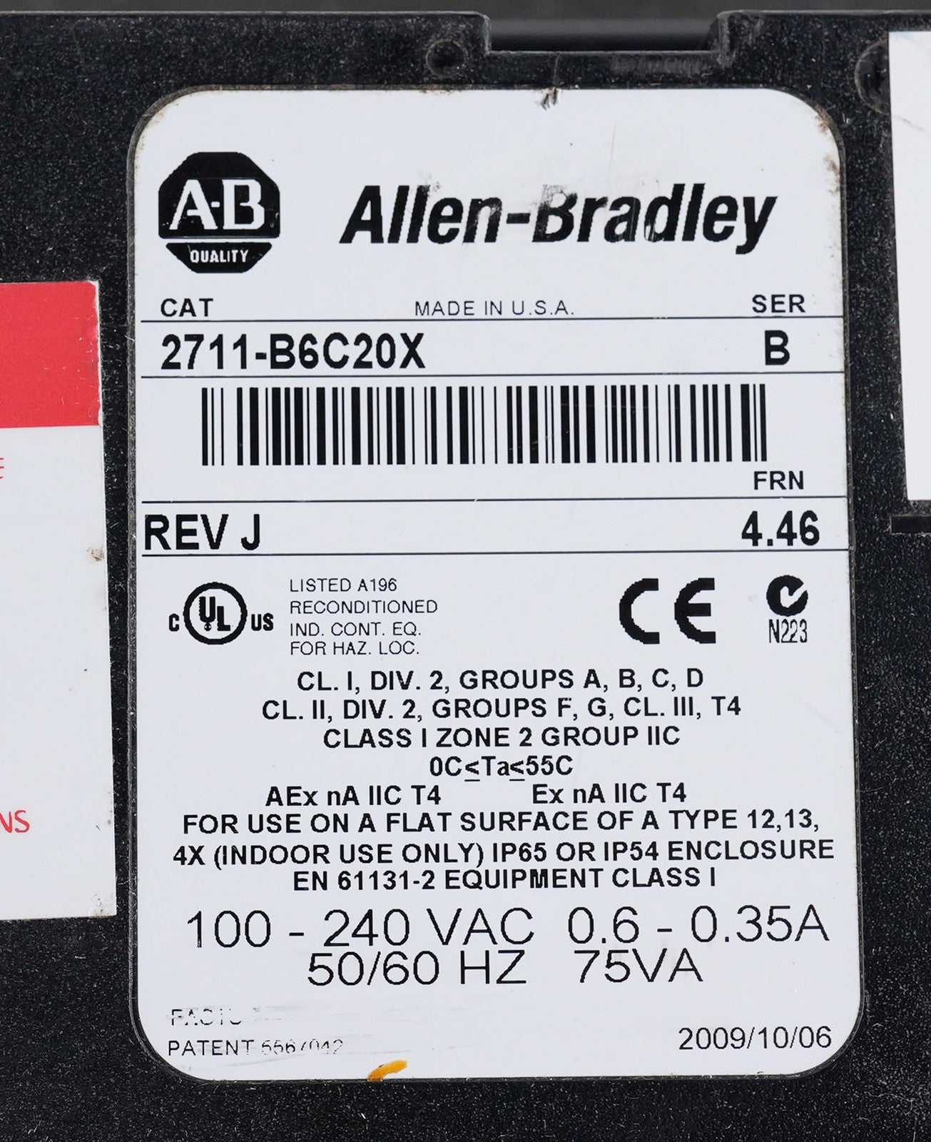 Allen Bradley 2711-B6C20X /B Rev J PanelView 600 Display Panel HMI 2711-B6C20