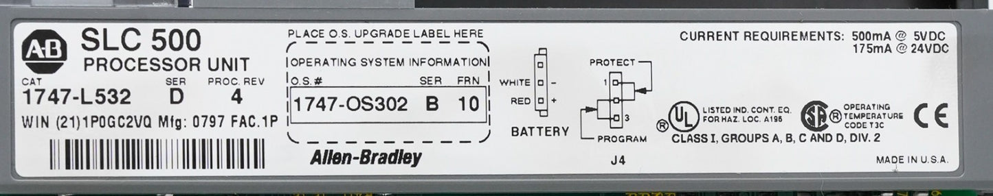 Allen Bradley 1747-L532 /D Proc Rev. 4 SLC500 Processor Unit + 1747-M11 /B