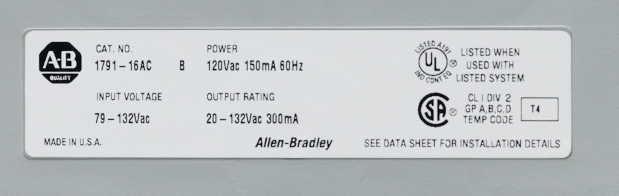 Allen Bradley 1791-16AC /B Block I/O Remote Module 120VAC 150mA 60Hz 179116AC