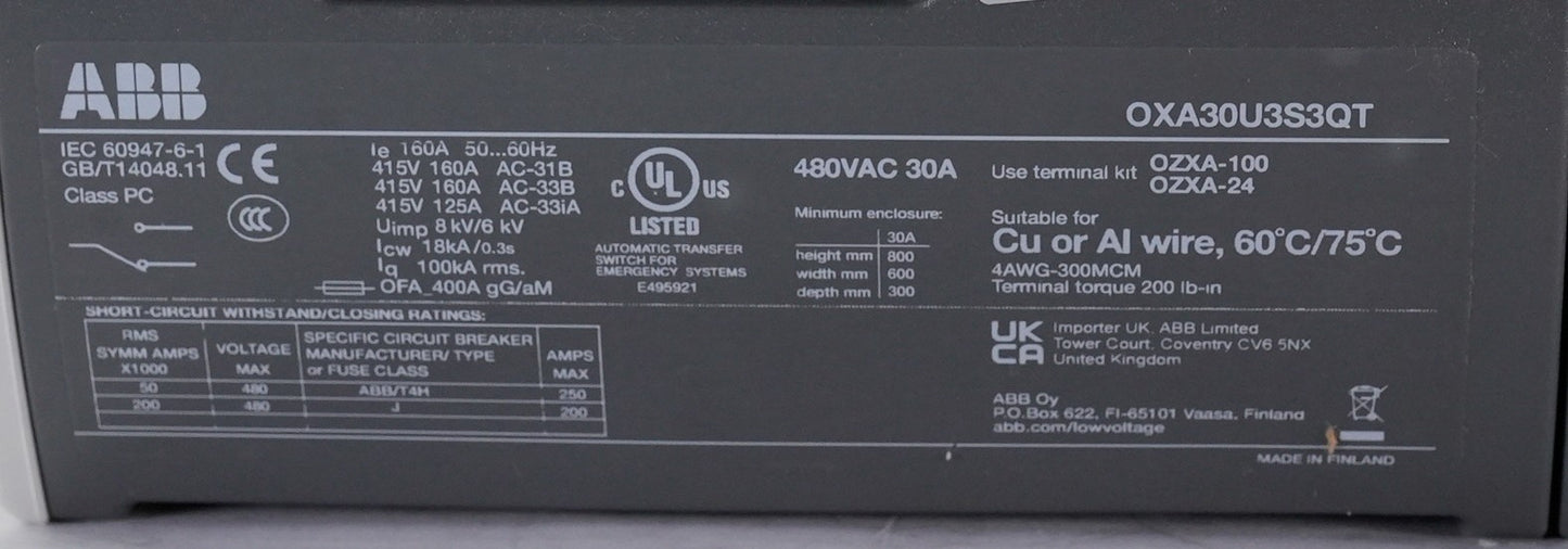 ABB OXA30U3S3QT TruONE Automatic Transfer Switch 1SCA153340R1001 30A (Installed)