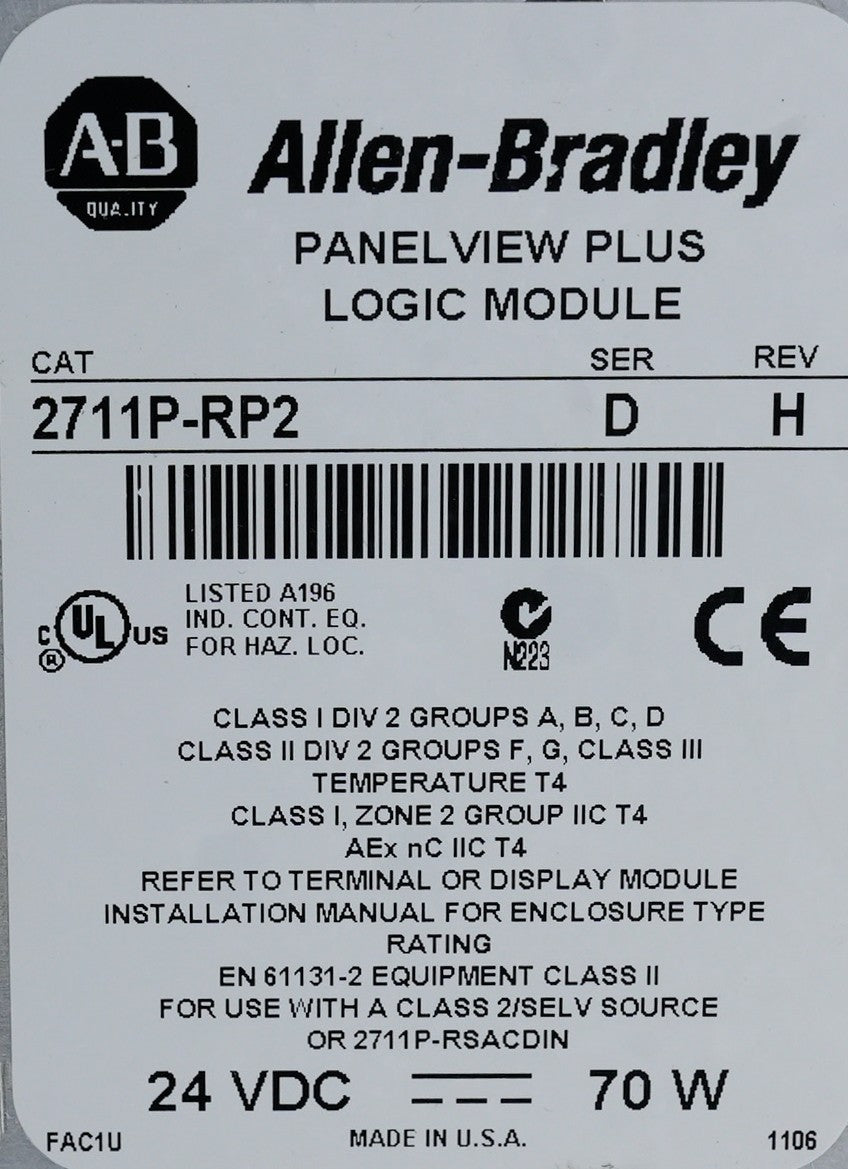 Allen Bradley 2711P-RP2 /D Rev H Panelview Plus Logic Module 2711PRP2