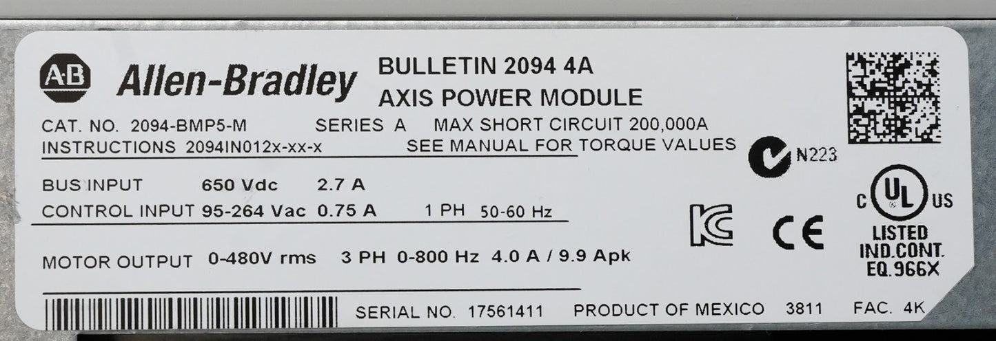 Allen Bradley 2094-BMP5-M /A Kinetix 6500 Bulletin 2094 4A Axis Power Module