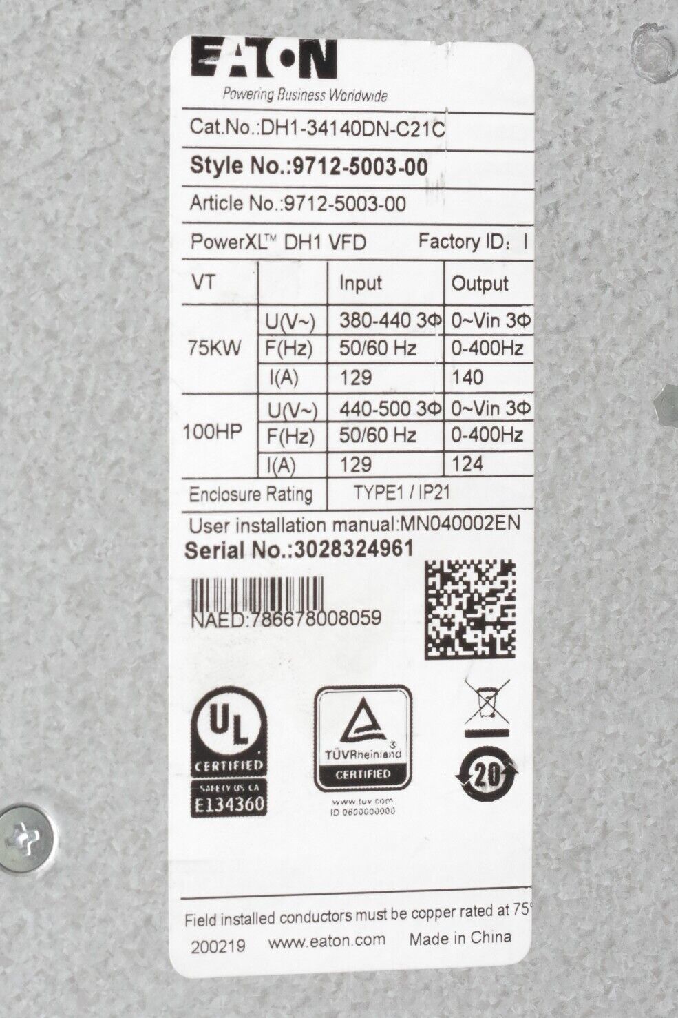 Eaton DH1-34140DN-C21C PowerXL Drive 480V 3Ph 100HP 400Hz - No Cover