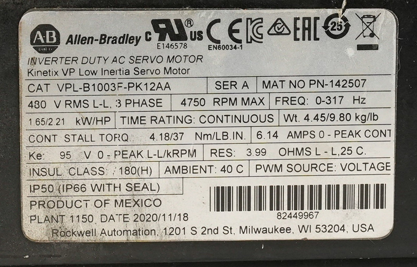 Allen Bradley VPL-B1003F-PK12AA /A Inverter Duty AC Servo Motor 480V 3-Phase