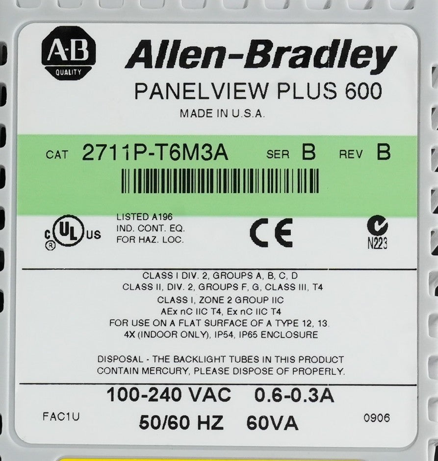 Allen Bradley 2711P-T6M3A /B Rev B PanelView Plus 600 2711PT6M3A