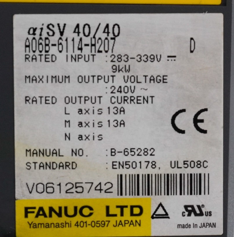 Fanuc A06B-6114-H207 D Servo Amplifier 9kW 240V A06B6114H207