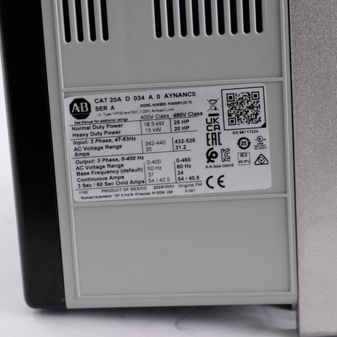 Allen Bradley 20AD034A0AYNANC0 Powerflex 70 AC Drive 25HP 480V