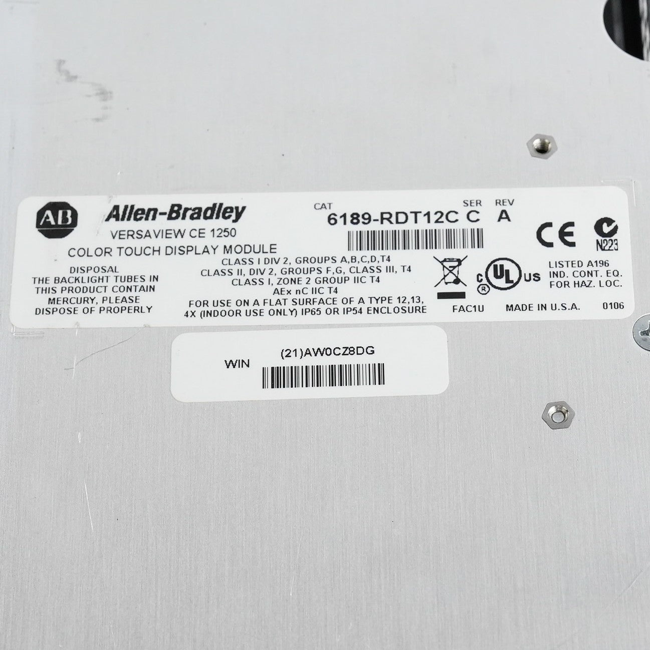 Allen Bradley 6189-RDT12C Ser C Rev A VersaView CE 1250 Color Touch- Refurbished