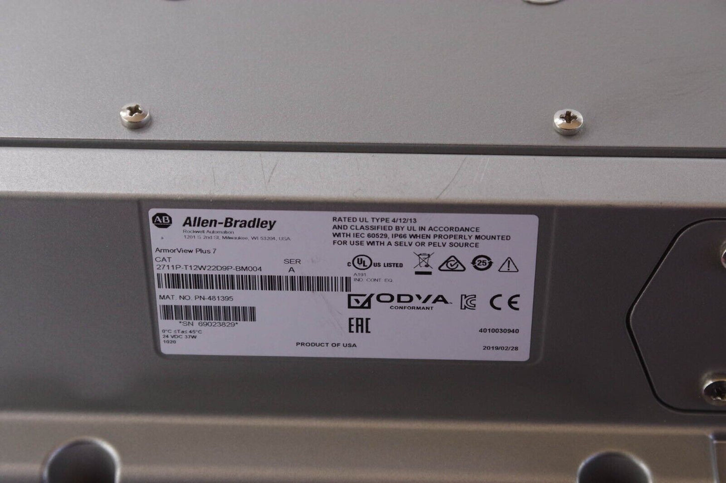 Allen Bradley 2711P-T12W22D9P-BM004 /2711PT12W22D9PBM00 ArmorView Plus 7 Ser A