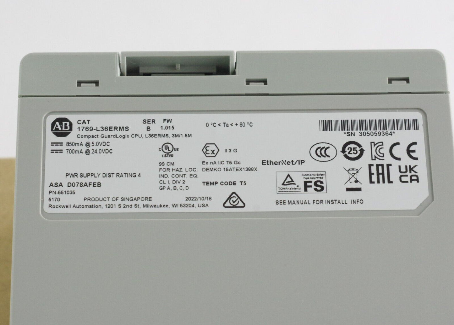 Allen Bradley 1769-L36ERMS Ser B Compact GuardLogix 5370 ENet Controller Module