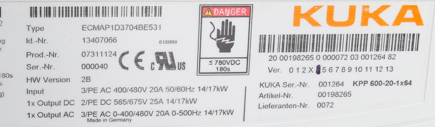 KUKA KPP 600-20-1x64 ECMAP1D3704BE531 Servo Drive KPP600-20-1x64 Refurbished