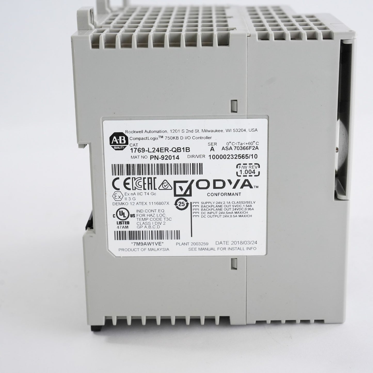 Allen Bradley 1769-L24ER-QB1B /A CompactLogix ENet 750KB D I/O Controller + ECR