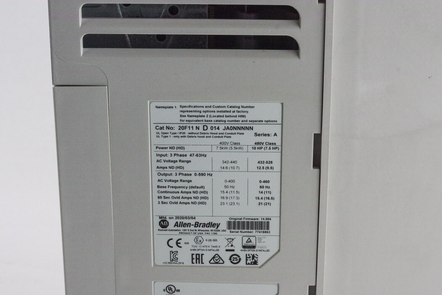 Allen Bradley 20F11ND014JA0NNNNN PowerFlex Air Cooled 753 Drive 10hp - Installed