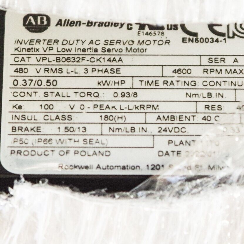 Allen Bradley VPL-B0632F-WK12AA Series A Kinetix Servo Motor - Open Box