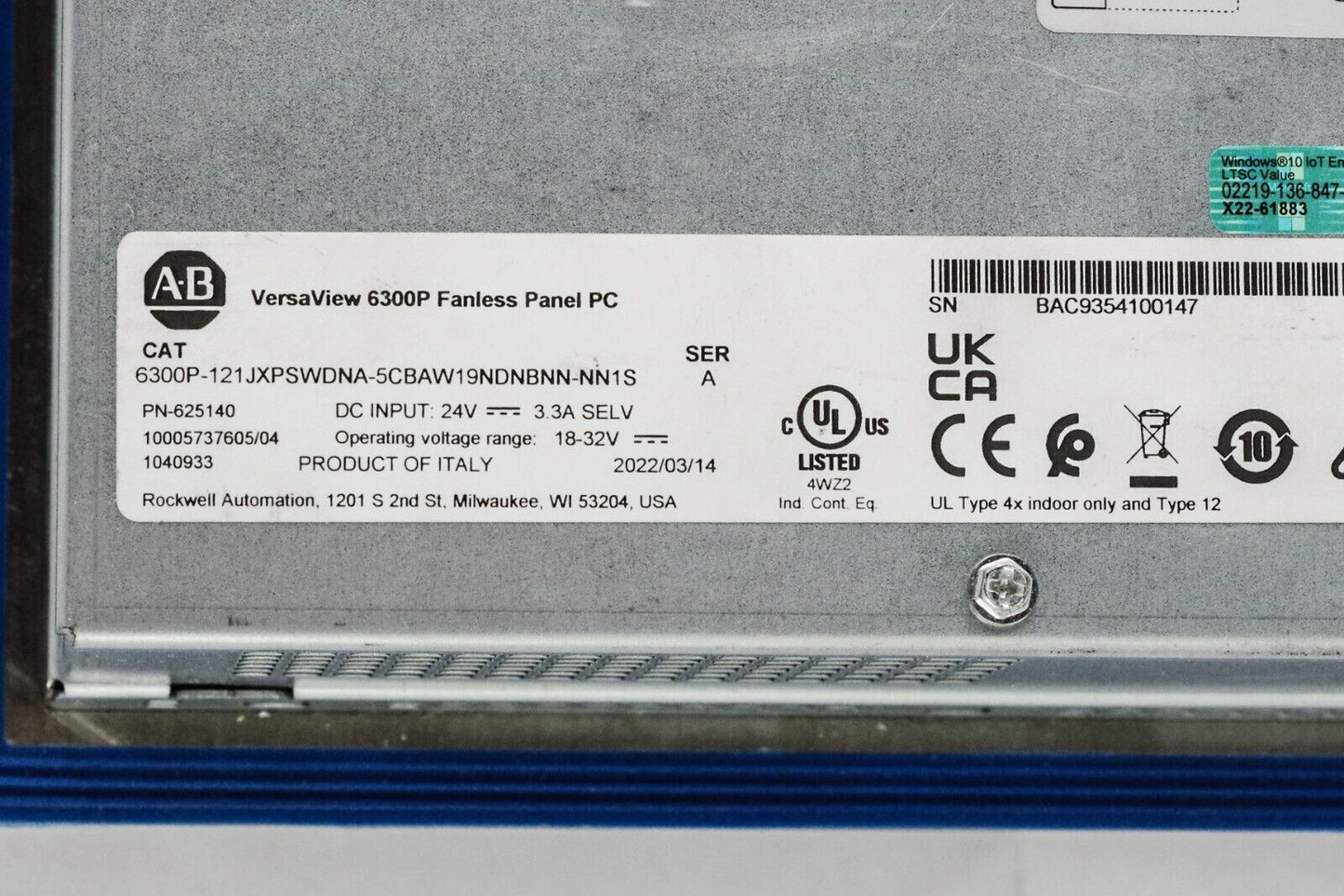 Allen Bradley VersaView 6300P-121JXPSWDNA-5CBAW19NDNBNN-NN1S Ser A Fanless PC