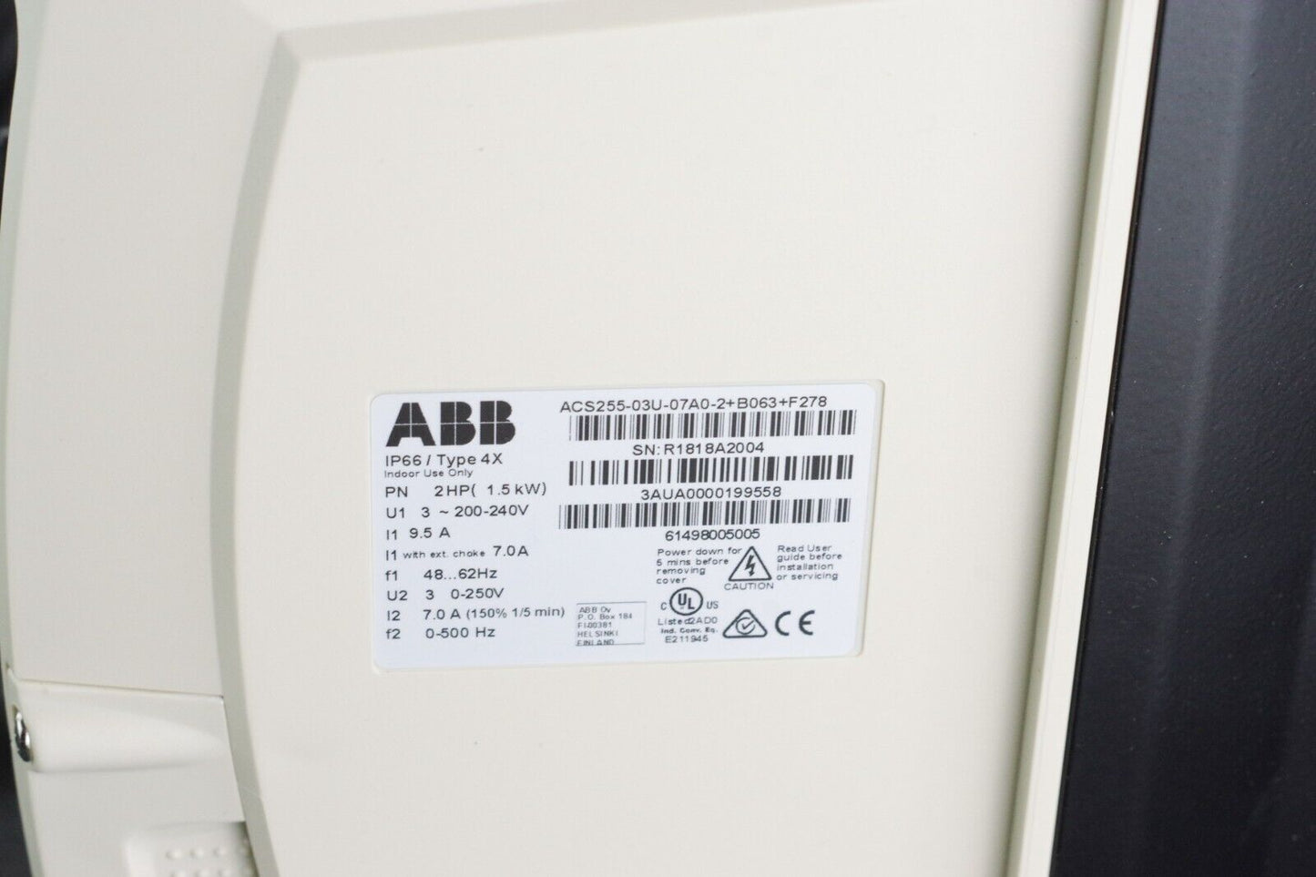 ABB ACS255-03U-07A0-2+B063+F278 ACS255 AC Drive 3-240V 2HP 17A 4x/IP66 - No Box