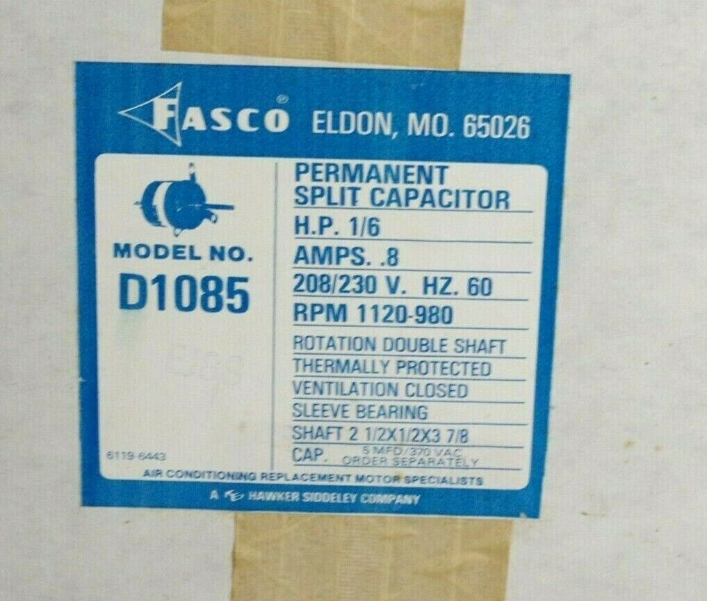 FASCO D1085 ELECTRIC MOTOR 208-230V 1/6 HP .8A 7176-2907 1120RPM 980RPM