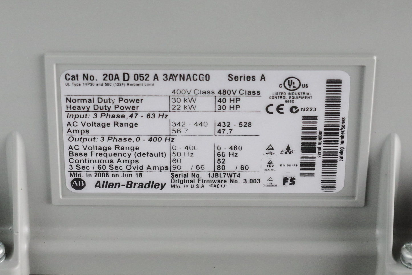 Allen Bradley 20A D 052 A 3AYNACG0 / 20AD052A3AYNACG0 AC Drive One Year Warranty
