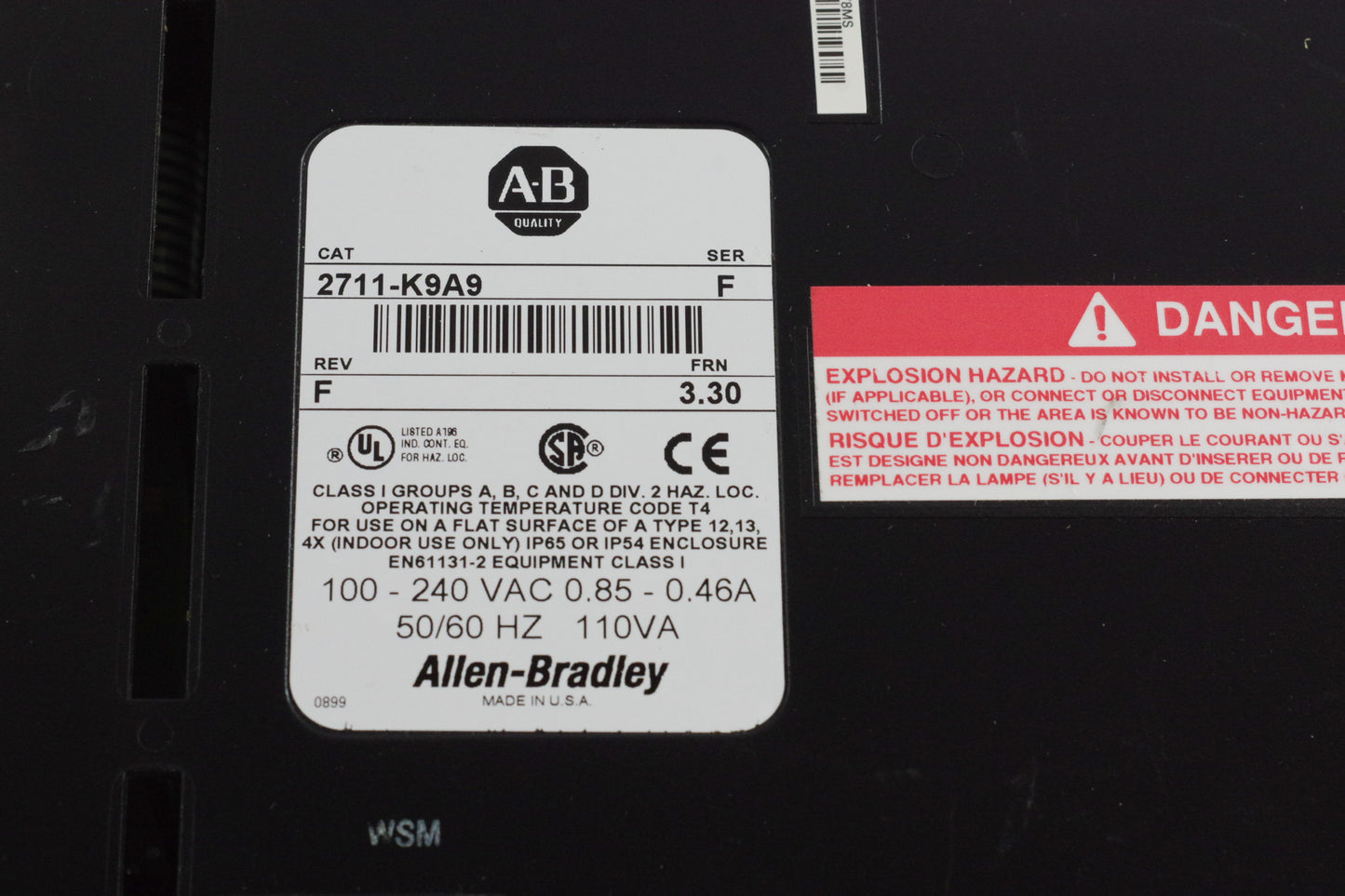 Allen Bradley 2711-K9A9 / 2711K9A9 Ser F Rev F PanelView 900 100-240VAC 110VA