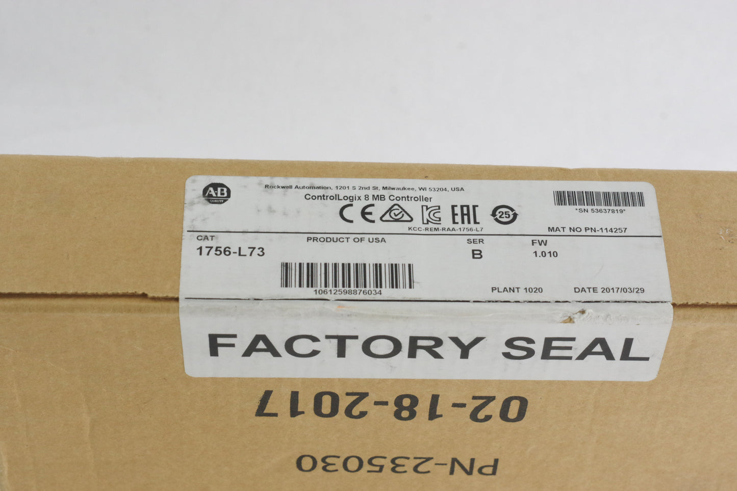 2017 Allen Bradley 1756-L73 /B ControlLogix Controller - New Surplus (Sealed)
